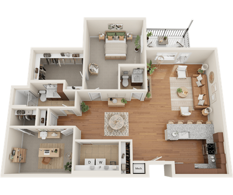 B1, 1 bed 1.5 bath floor plan with a den at Sylvan Uptown, Denver, CO